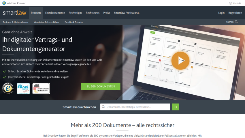 Homepage of smartLaw featuring a digital contract generator with a play button and document options.
