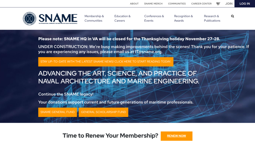 SNAME website advancing naval architecture and marine engineering with donation and membership renewal options