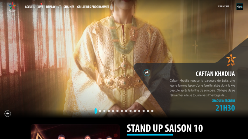 Homepage featuring the TV show Caftan Khadija with cast and airing time, plus Stand Up Season 10 promotion