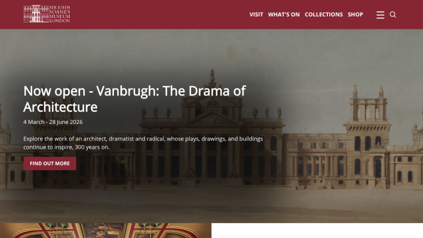 Announcement for 'Vanbrugh: The Drama of Architecture' exhibition with a prominent button to find out more.