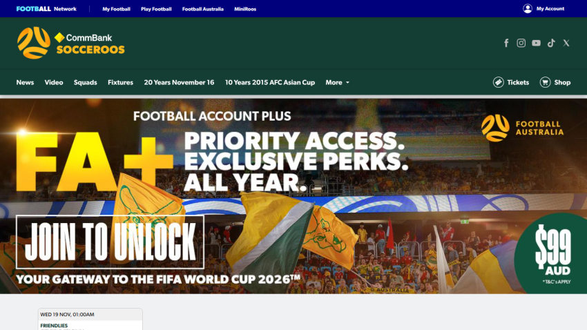 Football Australia website promoting Football Account Plus with priority access and exclusive perks for $99 AUD.