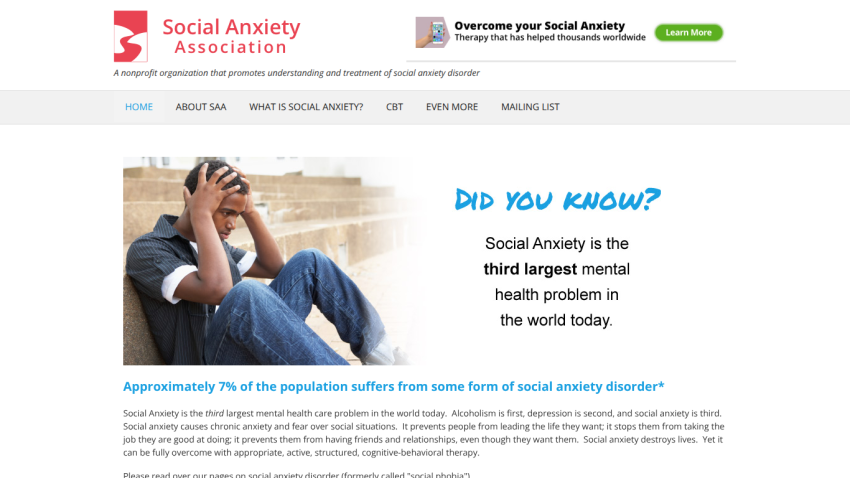 Homepage of the Social Anxiety Association highlighting social anxiety facts.