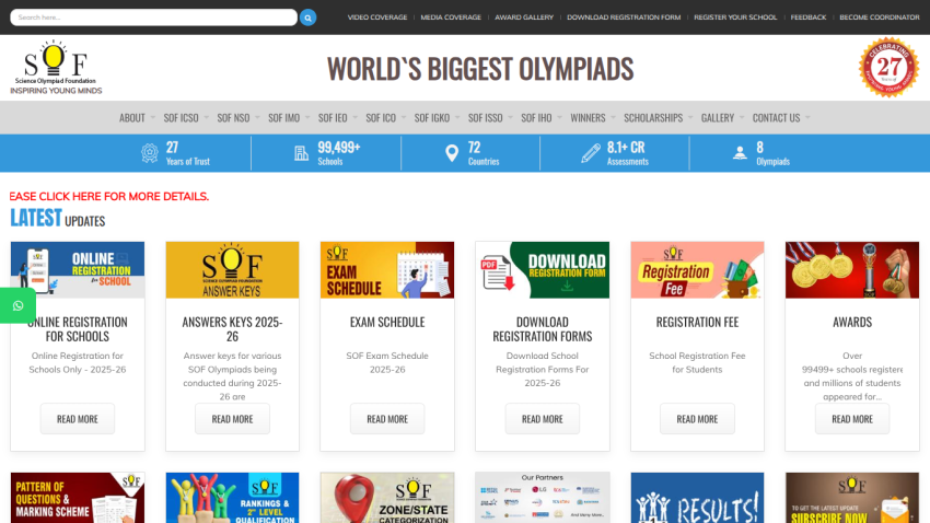 Website homepage featuring navigation bar, latest updates, and links to schedules, downloads, and registration for the World's Biggest Olympiads