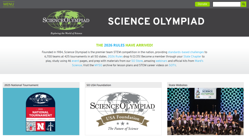 Science Olympiad homepage with 2026 rules announcement, tournament info, foundation logo, and group photo of participants