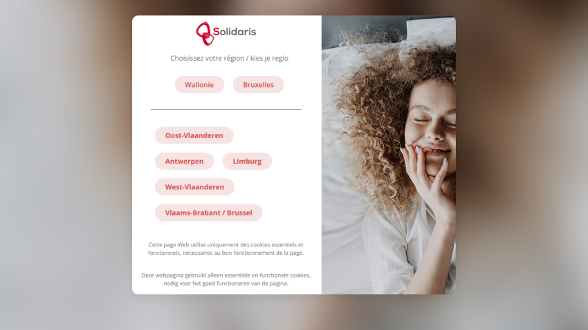 Region selection page with options for Wallonie, Bruxelles, and Flemish regions in French and Dutch