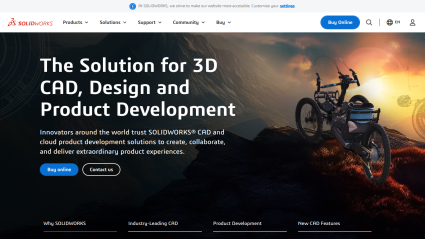 Homepage featuring a solution for 3D CAD and product development with a call to action button.