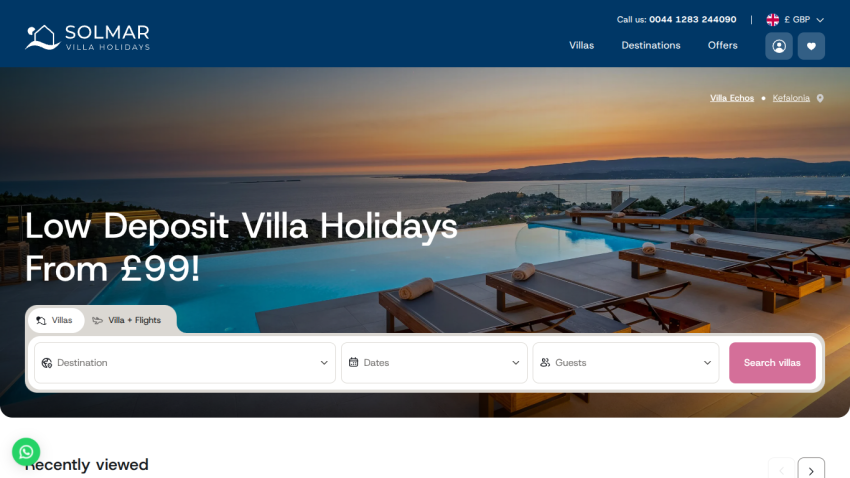 Villa holidays website offering low deposit villa rentals from £99 with search options for destination, dates, and guests