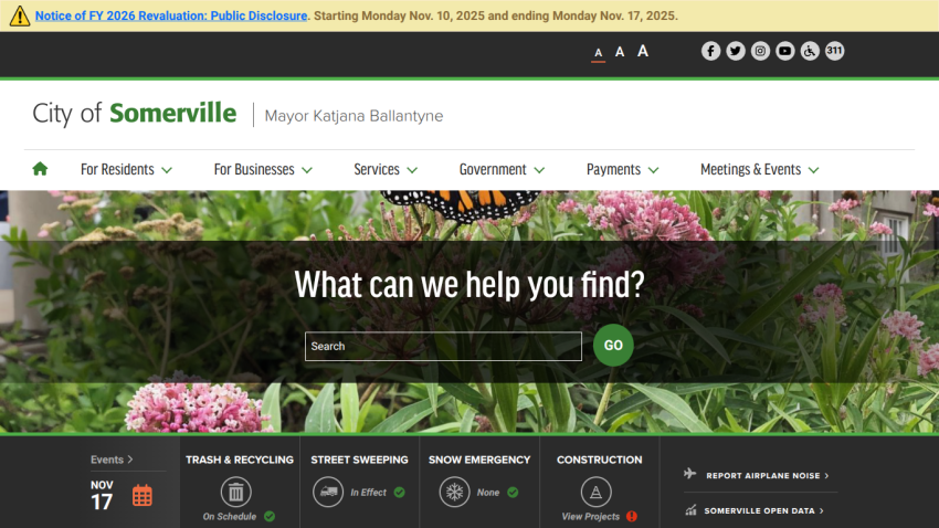 City of Somerville official site with mayor's name, navigation menu, search bar, and event and service updates