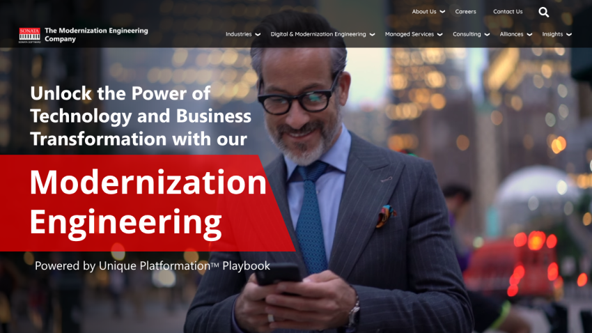 Homepage featuring a man using a phone with a headline about Modernization Engineering.