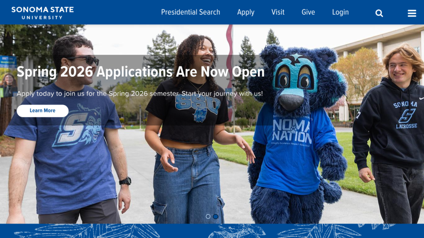 Spring 2026 applications announcement with students and mascot on campus.