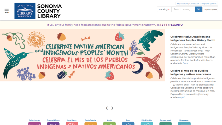 Sonoma County Library homepage promoting Native American and Indigenous Peoples' Month with bilingual text and navigation options