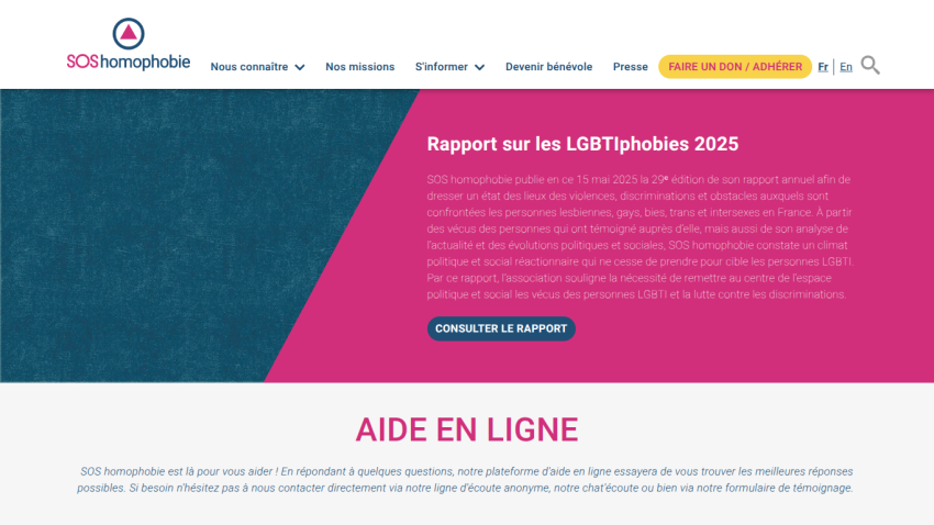 SOS homophobie website header and hero section presenting the 2025 LGBTphobies report with a call to consult the report and online help information.