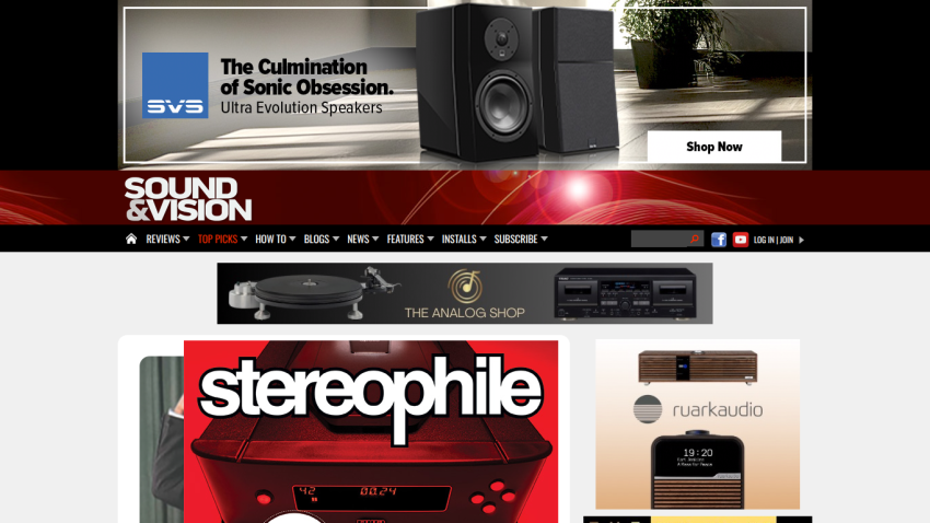 Homepage of Sound & Vision featuring audio equipment and promotional banners.