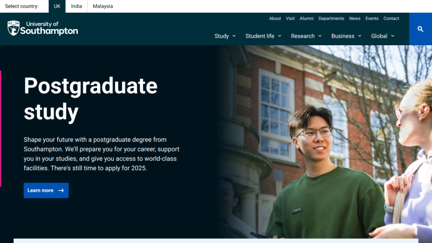 Postgraduate study information with a call to action to learn more.