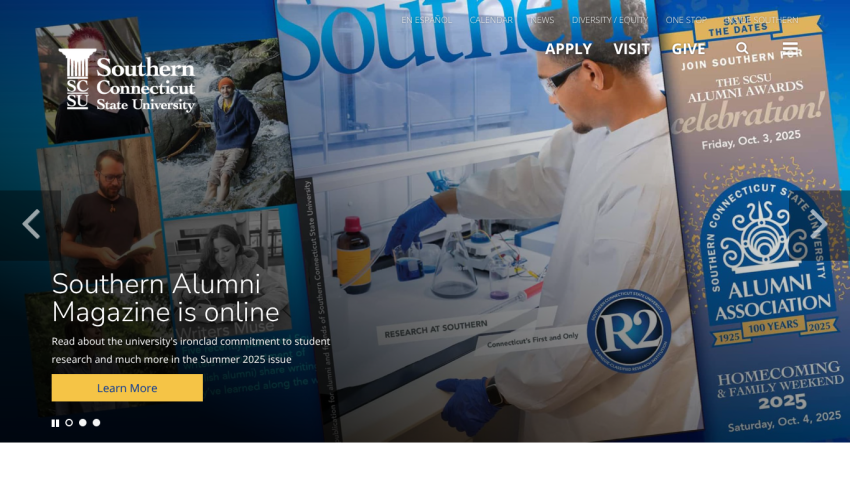 Southern Connecticut State University homepage featuring alumni magazine and upcoming events.