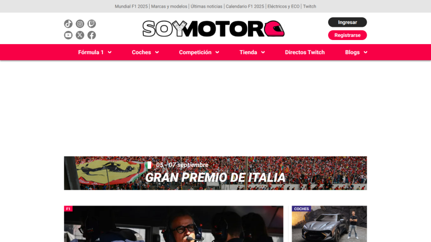 Homepage of SoyMotor with news about the Italian Grand Prix prominently displayed.