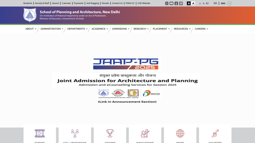 School of Planning and Architecture New Delhi website header and navigation with JAAP-PG 2025 admission announcement