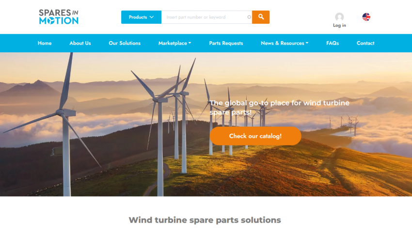 Homepage featuring wind turbines with a call-to-action to check the catalog.
