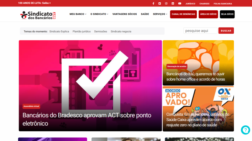 Sindicato dos Bancários homepage with news on Bradesco electronic point approval and other union updates