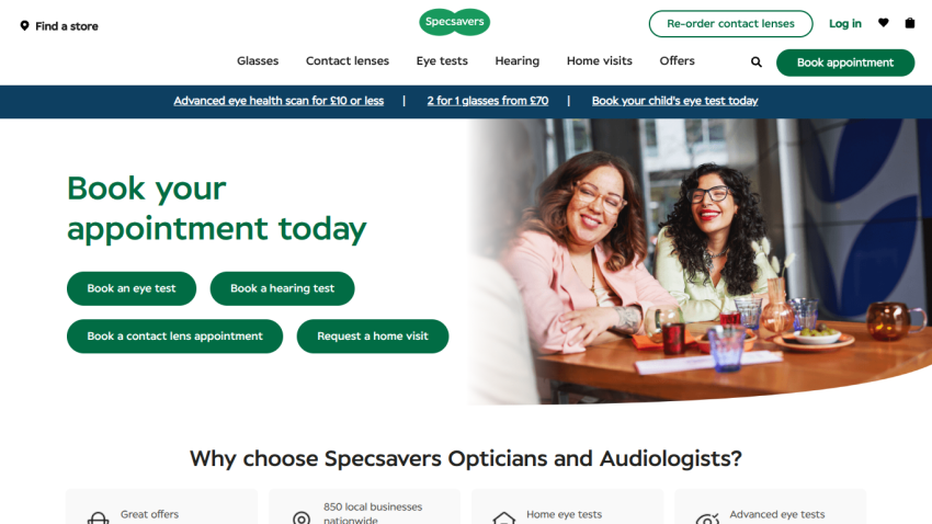 Appointment booking section with options for eye tests and home visits.