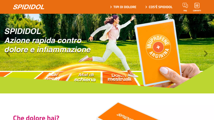 SPIDIDOL pain relief product with rapid action against pain and inflammation, showing a woman running and product card
