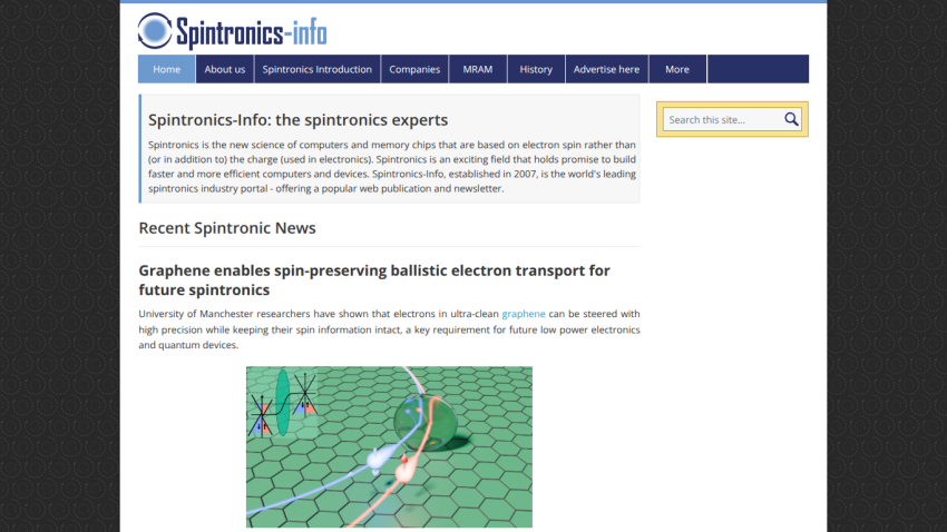 Homepage of Spintronics-info featuring recent news on spintronics research.