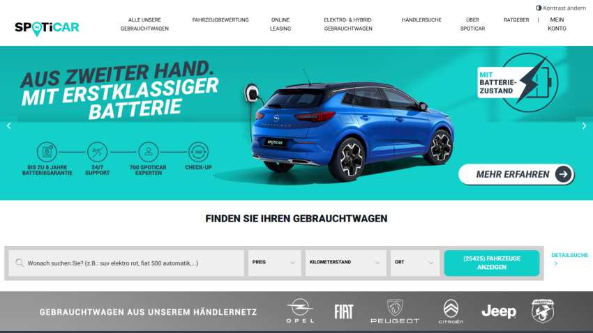 Website homepage featuring used car search with banner highlighting first-class batteries and vehicle options