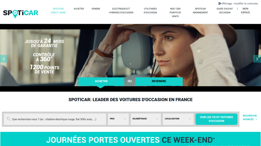 Spoticar homepage featuring a woman in a car, promoting used cars in France.