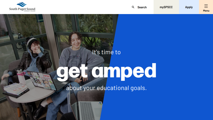South Puget Sound Community College homepage with students and text encouraging educational goals