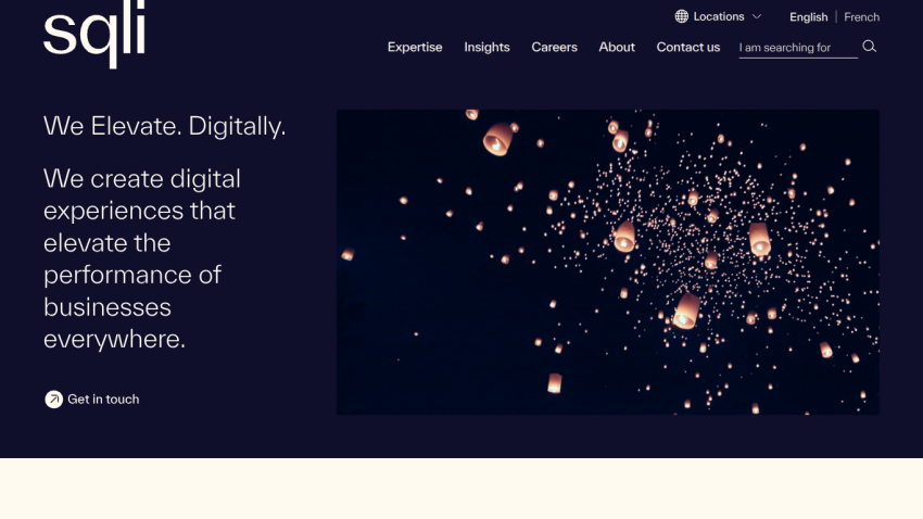SQLI homepage with navigation, tagline about elevating digital experiences, and image of floating lanterns