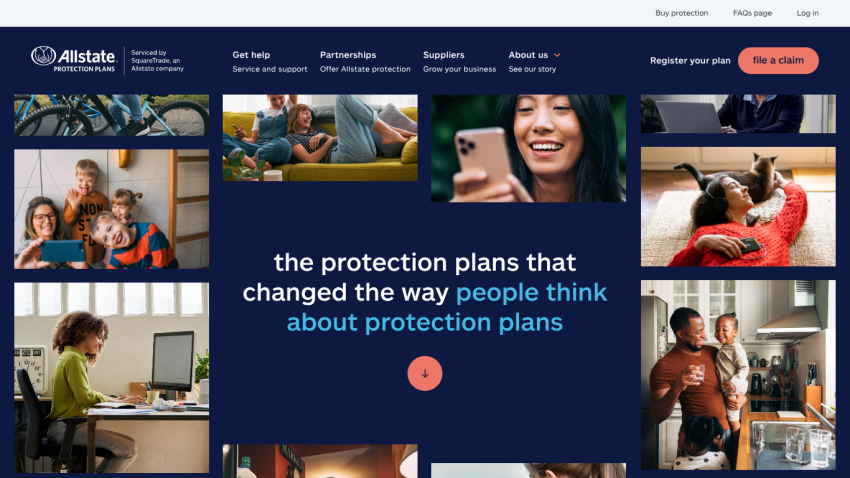 Homepage showcasing protection plans with engaging images and key text.