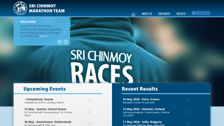 Homepage of Sri Chinmoy Marathon Team featuring upcoming events and recent results.