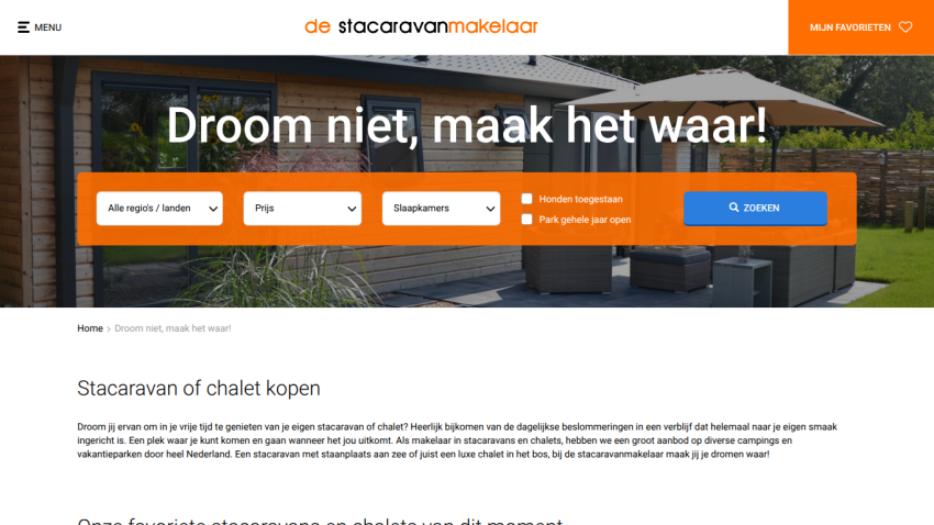 Homepage of a Dutch mobile home and chalet real estate site with search filters and slogan 'Droom niet, maak het waar!'