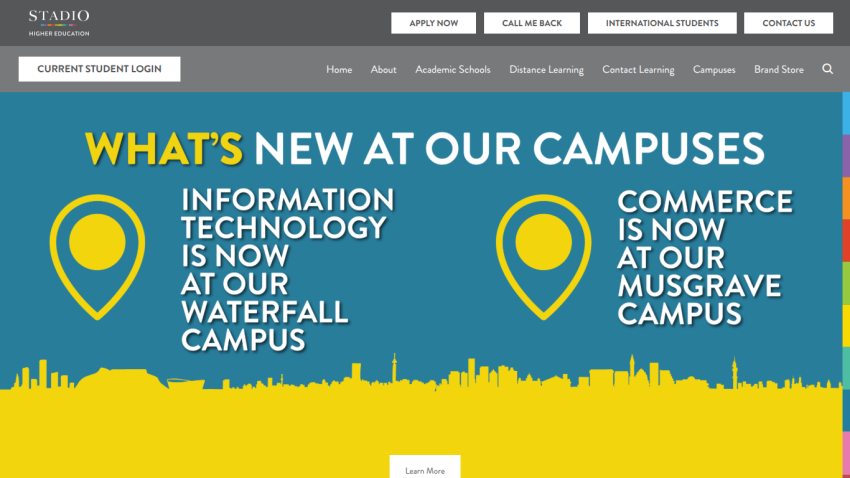 Stadio Higher Education website highlights new Information Technology at Waterfall Campus and Commerce at Musgrave Campus with navigation and call-to-action buttons.