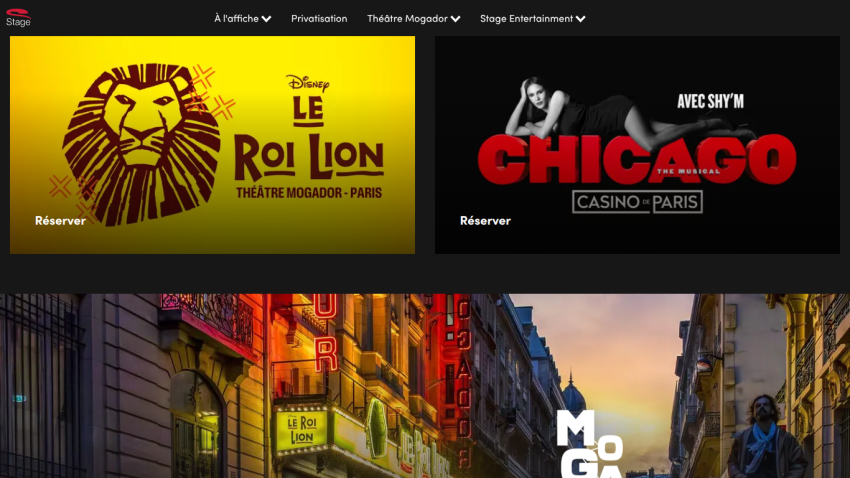 Website header and hero section featuring Disney's Le Roi Lion and Chicago musicals with reservation options.