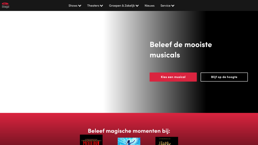 Website promoting musicals with options to choose a musical or stay informed, featuring a gradient background