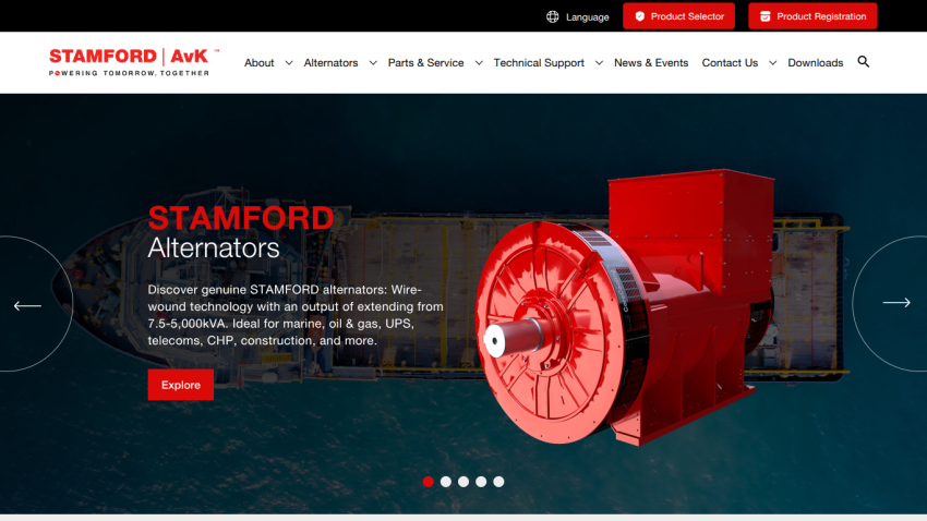 Stamford Alternators homepage featuring a red alternator and a call to action to explore.