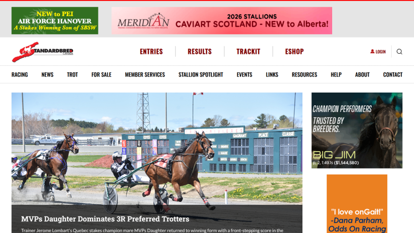Horse racing website featuring news, entries, and results with a prominent image of a race.