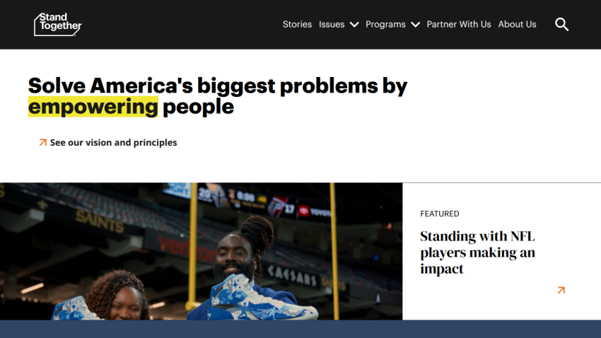 Stand Together website with headline about solving America's problems by empowering people and featured story on NFL players making an impact