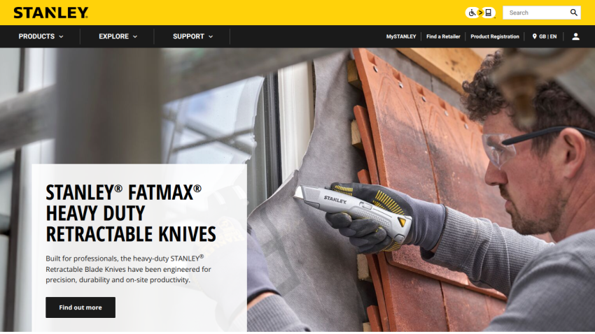 STANLEY website promoting FATMAX heavy duty retractable knives with a professional using the knife on a window frame