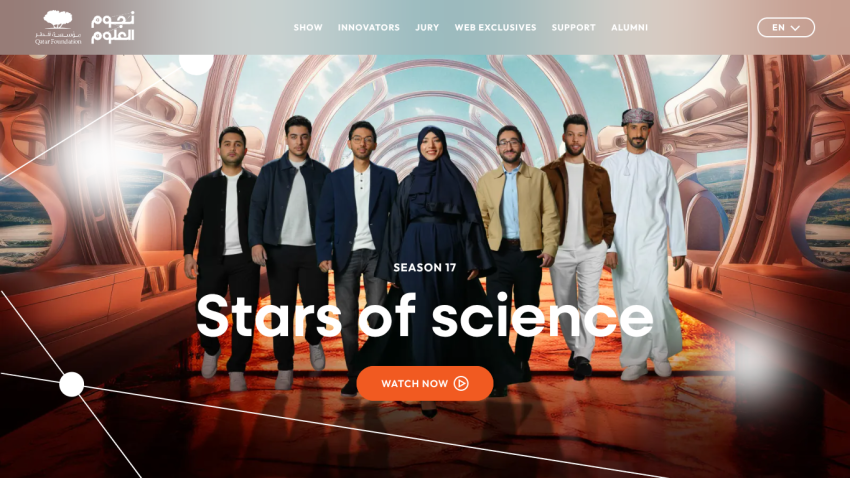 Main cast of 'Stars of Science' standing in a futuristic setting with a prominent 'Watch Now' button.