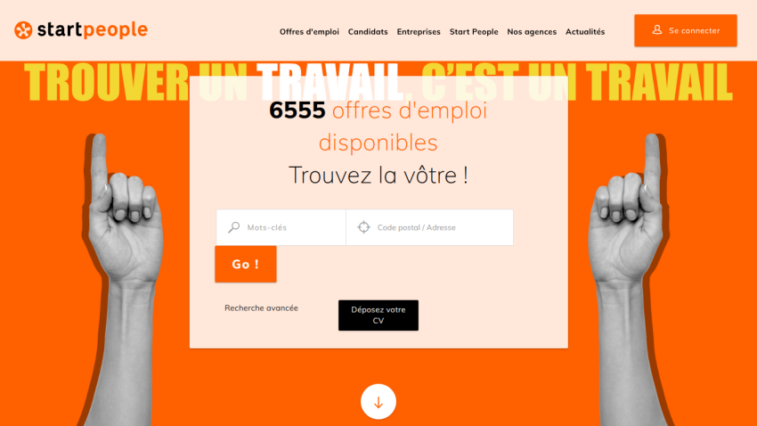 Start People job search homepage with 6555 job offers, search fields for keywords and location, and options to submit CV or advanced search