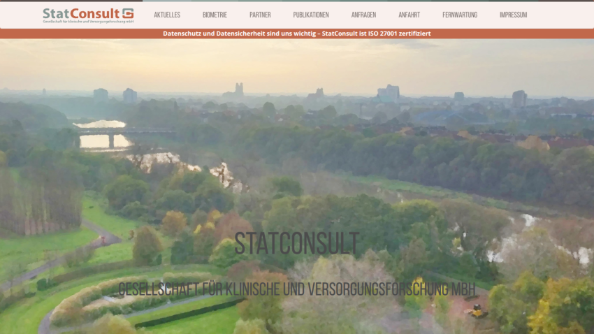 StatConsult website header with navigation and a scenic background image, emphasizing clinical and healthcare research services