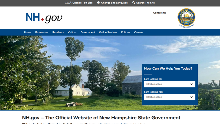 Official New Hampshire state government website with navigation menu and a help form over a rural landscape background