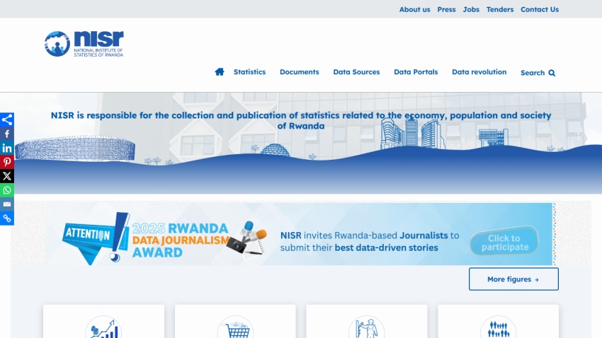 National Institute of Statistics of Rwanda homepage with navigation links and announcement for 2025 Rwanda Data Journalism Award