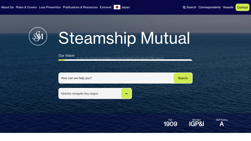 Steamship Mutual website with ocean background, search bar, and navigation links including About Us and Contact