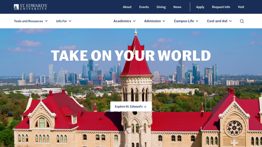 University website featuring a prominent message 'TAKE ON YOUR WORLD' and campus image.