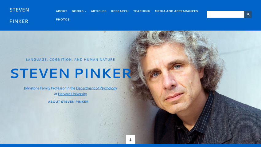Homepage of Steven Pinker featuring his name, title as Johnstone Family Professor at Harvard, and navigation menu