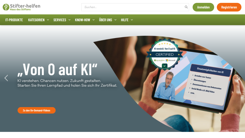 Website promoting AI learning opportunities with a featured video and certification badge.