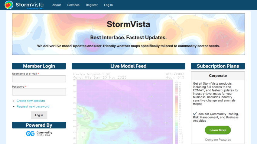 StormVista weather site with live model feed, member login, and subscription plans for commodity sector weather updates